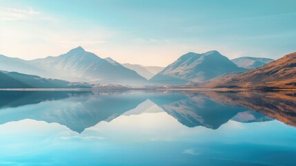 A serene lake reflection background with mountains mirrored in the water under a soft morning light