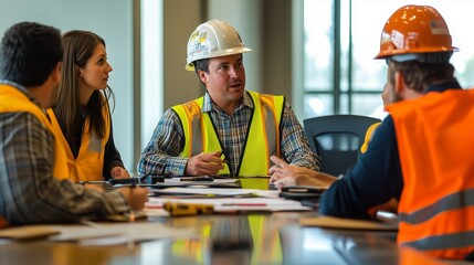 Construction team meeting at a project site office discussing project plans and safety regulations in the morning