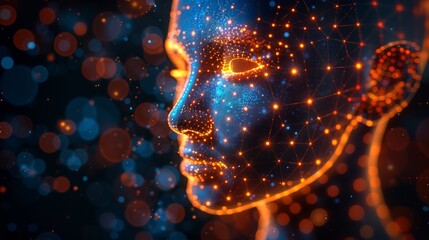 Abstract digital human head made of electronic circuits, on a dark background with a binary code. Artificial intelligence and machine learning, connections to digital data networks, data transformatio