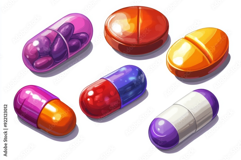 Leinwandbilder a vibrant display of colorful capsules and tablets arranged on a pink background emphasizing the div