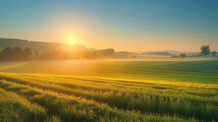 Obraz premium A serene sunrise over a rural landscape, with fields and meadows bathed in the soft morning light