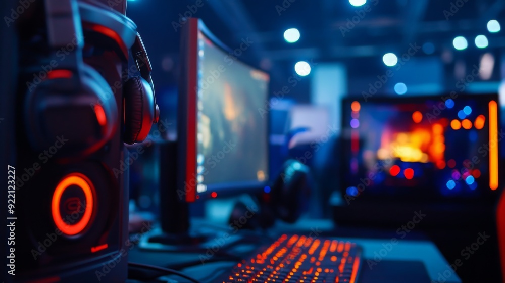 Poster A gaming setup featuring a glowing keyboard and headset, surrounded by screens displaying vibrant graphics.