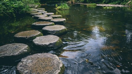 A series of stepping stones across a river, representing the careful and deliberate journey to success