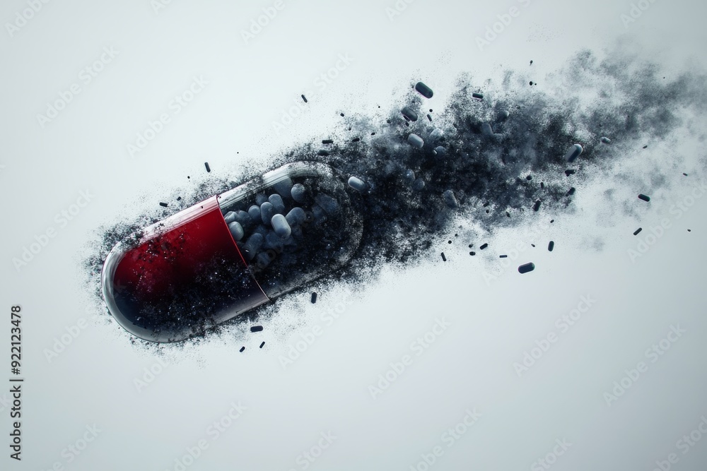 Poster a striking image of a single red and white capsule disintegrating into particles representing the po