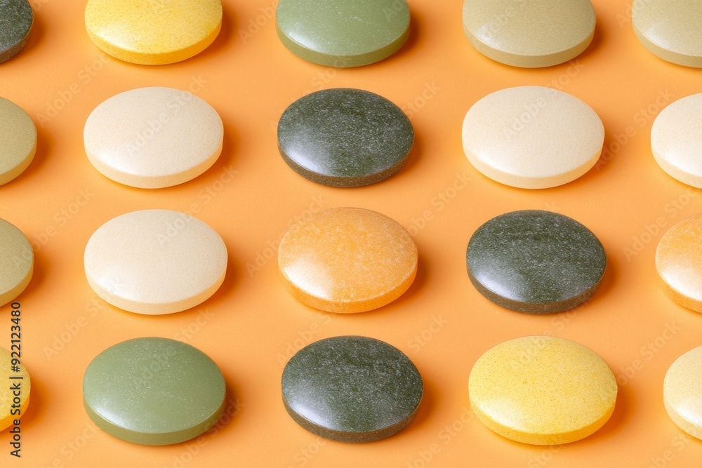 Poster a neatly arranged assortment of round tablets in various colors and textures displayed on a warm ton