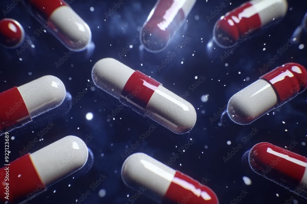 Poster a dynamic scene of red and white capsules floating in a starry night background symbolizing the jour