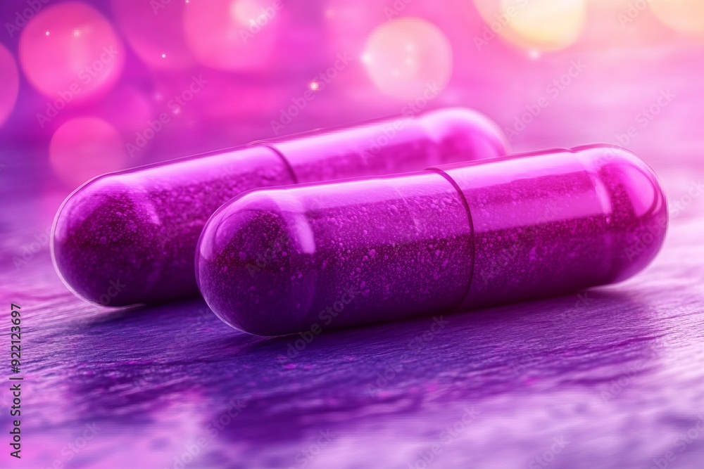 Poster a close up image of a pair of purple capsules on a reflective surface with a soft pink background sy