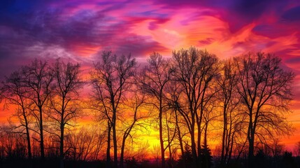 Obraz premium A silhouette of trees against a fiery sunset sky, with hues of orange, pink, and purple blending beautifully