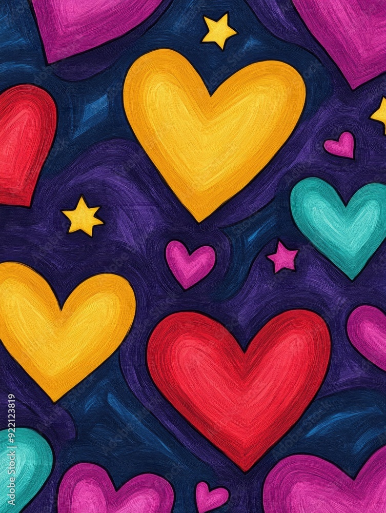 Wall mural Whimsical and Fun Playful Doodle Art Design with Vibrant Swirls Cheerful Stars and Fanciful Hearts