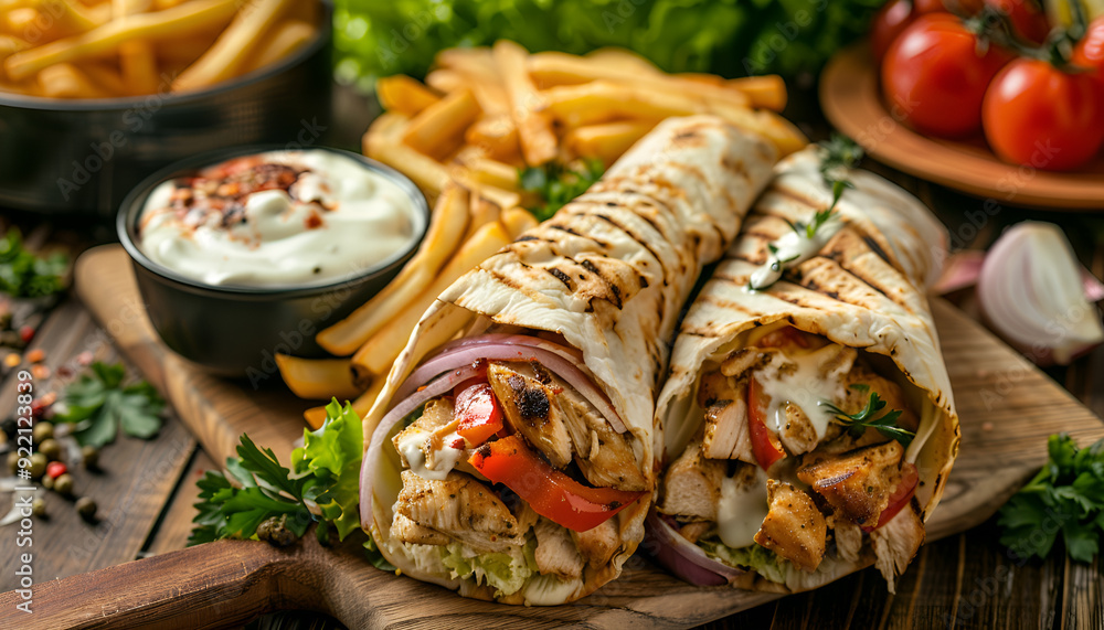 Wall mural Shawarma chicken roll in a pita with fresh vegetables, cream sauce and french fries on wooden background