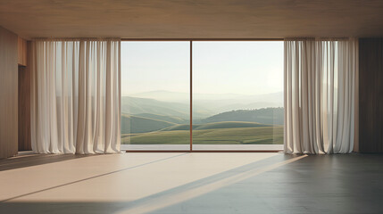 Fototapeta premium Serene Dawn Vista: Minimalist interior with floor-to-ceiling windows framing a breathtaking sunrise over rolling hills, inviting tranquility and awe. 