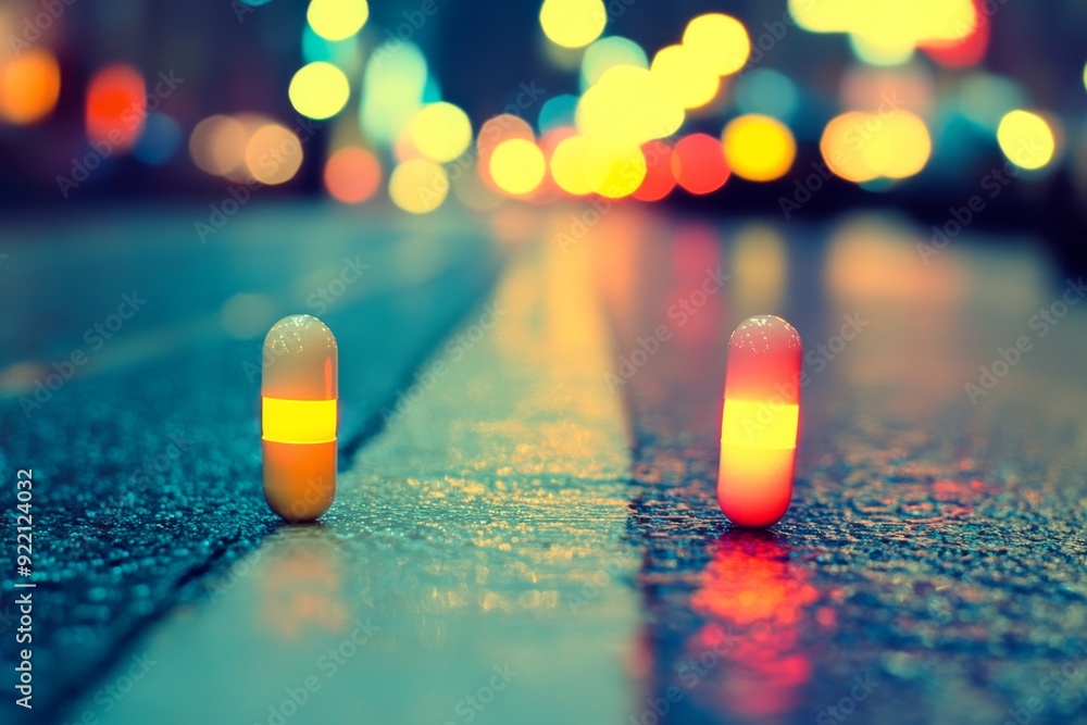 Poster a creative and futuristic depiction of two capsules illuminated by colorful bokeh lights representin
