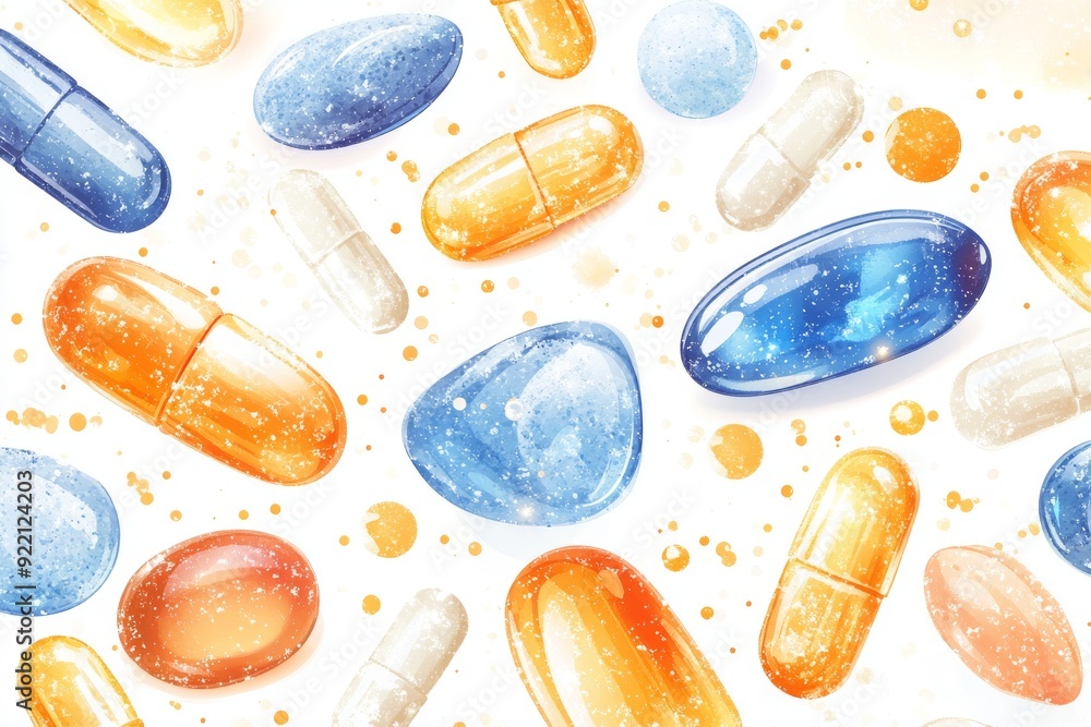 Leinwandbilder a vibrant and dynamic pattern of various capsules and tablets displayed against a white background r