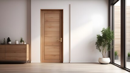 Modern hallway with wooden door and copy space. mockup. Generative AI