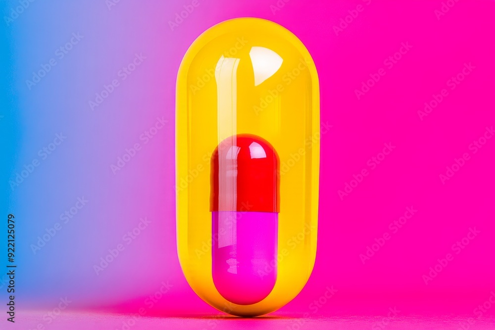 Poster a futuristic and vibrant image of a transparent capsule containing smaller colored pills set against