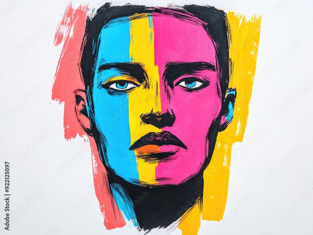 Poster exaggerated abstract face doodle featuring a stylized creative portrait with distinctive imaginative