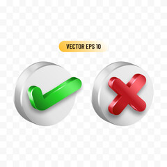 Obraz premium 3d high quality shiny abstract tick cross right wrong mark symbol or sign clipart png transparent background