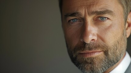 Obraz premium Confident businessman giving a presentation, close up of his face. Ample copy space on the left side.