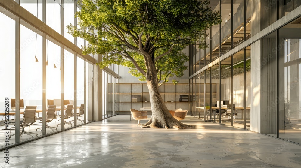 Poster contemporary office setting with a tree and open floor space, perfect for adding promotional content