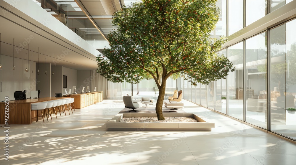 Poster contemporary office setting with a tree and open floor space, perfect for adding promotional content