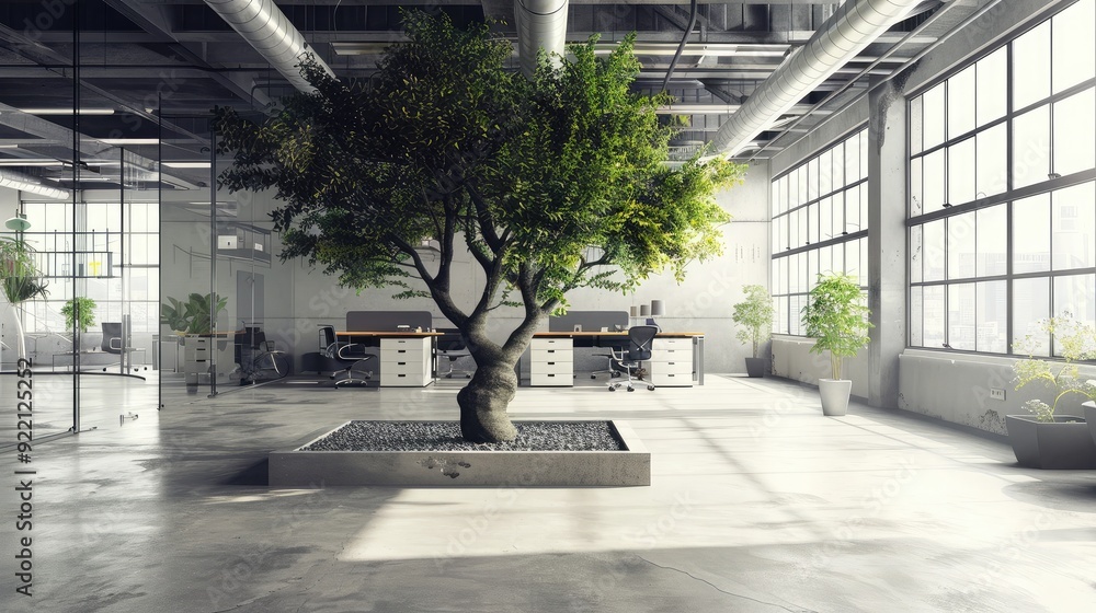 Poster contemporary office setting with a tree and open floor space, perfect for adding promotional content