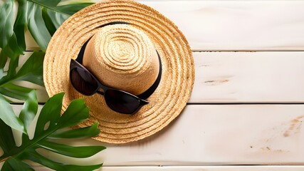 Set the scene for summer bliss: a straw hat, stylish sunglasses, and verdant palm leaves adorning a wooden table.