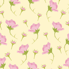 Gentle floral pattern with pink flowers and buds on a light background, seamless fabric print