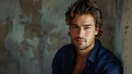 Obraz premium Elegant man with a calm expression, looking relaxed. Copy space on the right for additional content.