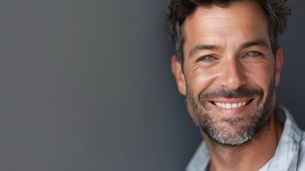 Obraz premium Elegant man with a trimmed beard, smiling softly. Ample copy space on the right side.