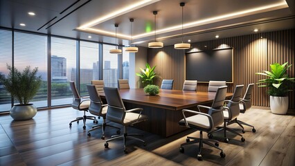 Fototapeta premium Collaborative Isolation: Ergonomic chairs in a minimalist conference room, ambient lighting, collaborative yet private