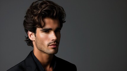 Fototapeta premium Elegant man with styled hair, looking thoughtfully. Blank space on the left for text or logos.