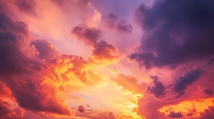 A dramatic evening sky with a vibrant display of pink and orange clouds against the backdrop of a setting sun. The intense colors and the fading light create a captivating and picturesque scene