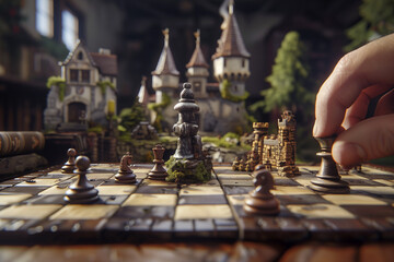 A hand placing a chess figurine in a fantasy tabletop diorama.