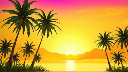 A tranquil tropical scene with palm trees silhouetted by a vibrant sunset, as the sun dips below the horizon, casting warm hues across the sky and ocean