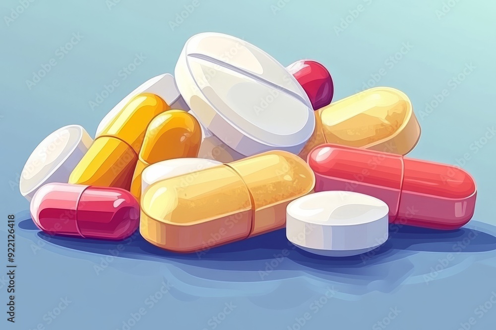 Poster a vibrant collection of assorted pills and capsules in various shapes and colors symbolizing the div