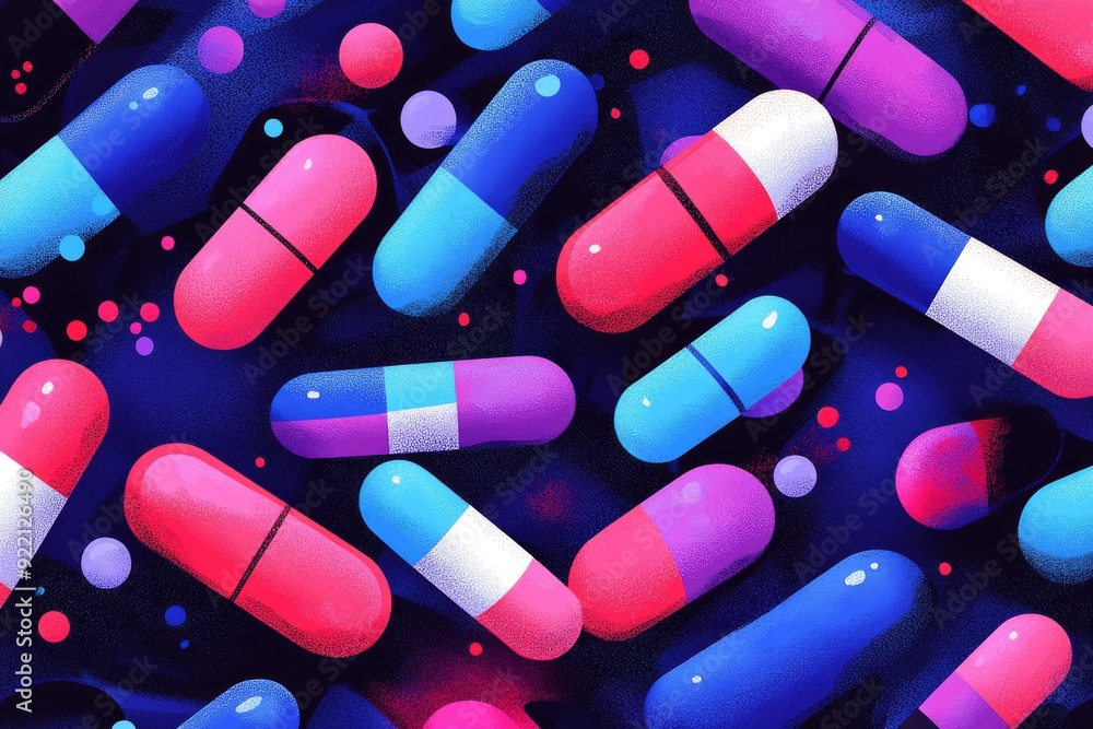 Poster a playful and surreal composition of colorful capsules floating against a dark cosmic background sym