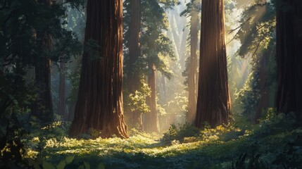 Fototapeta premium A dramatic forest landscape with towering redwoods. The immense trees create a cathedral-like atmosphere, with their lofty canopies and the play of light and shadow on the forest floor