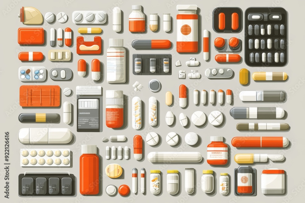 Aufkleber an organized collection of various pills tablets and capsules laid out in a grid pattern on a white 