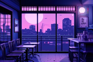 Naklejka premium A japanese night cafe purple restaurant furniture.