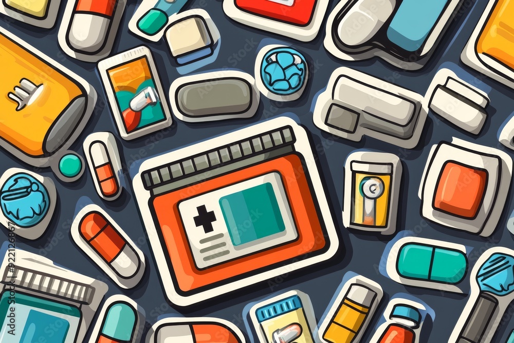 Sticker A vibrant and detailed vector illustration showcasing various pills tablets and capsules in a playful and stylized arrangement highlighting the intersection of medicine and design