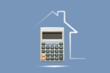 Calculator with house model isolated on light background, copy space. Concept of lease, purchase, investment, mortgage, real estate financial.