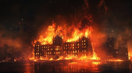 A dramatic image of a large building engulfed in flames. The fire spreads rapidly, with intense orange and red flames contrasting against the dark smoke billowing into the night sky.