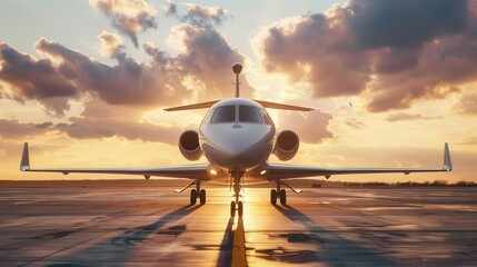 A private jet rests on the runway as the sun sets, casting golden light and shadows across the airport