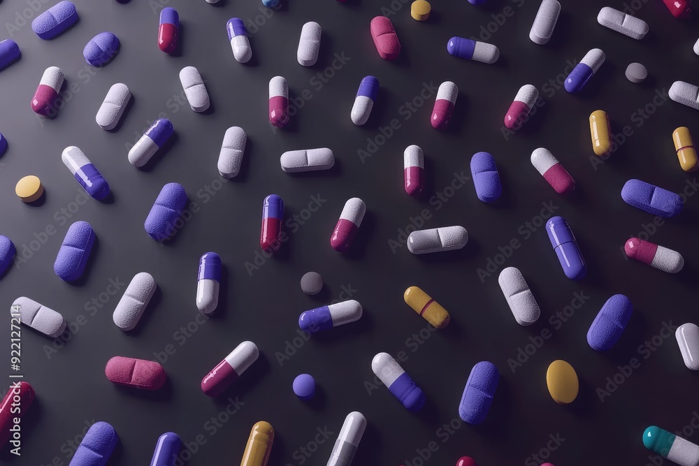 Aufkleber a scattered array of colorful capsules and tablets against a dark background highlighting the vast d