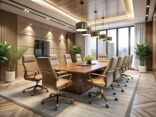Fototapeta premium Corporate Solitude: Modern conference room, plush chairs, neutral tones, professional yet isolated