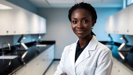 Confident young black female scientist in modern laboratory, smiling warmly