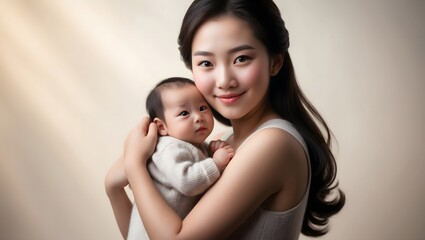 Young Asian mother holding newborn baby in warm, softly lit setting