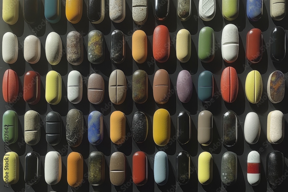 Poster an organized and intricate arrangement of various pills and capsules in a grid like pattern represen
