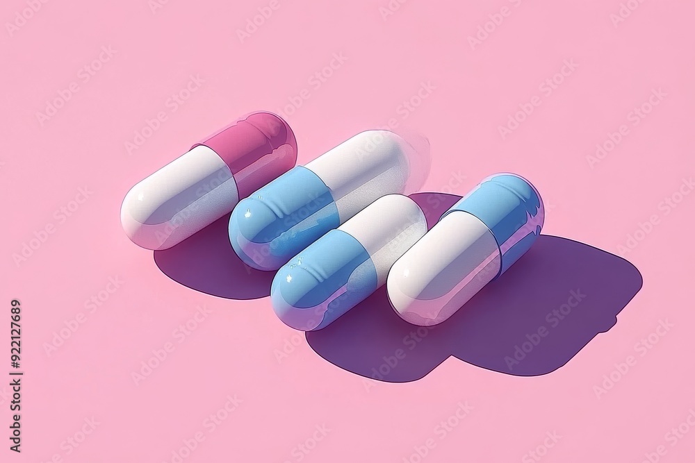 Poster a set of pastel colored capsules arranged neatly on a pink background symbolizing the gentle and app