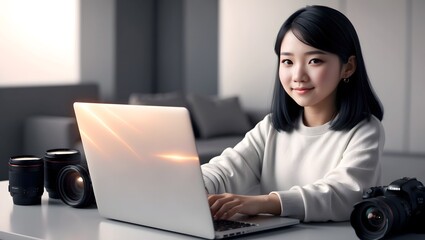 Young Asian woman working on laptop with cameras in modern home office